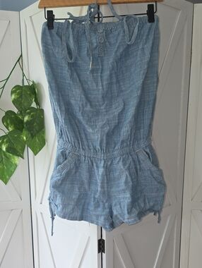 Hollister Light Blue Chambray Strapless Romper